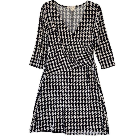 Eva-Picone Dress Flow Wrap Black Houndstooth Print 3/4 Sleeve V Neck Size 16 - Picture 2 of 10
